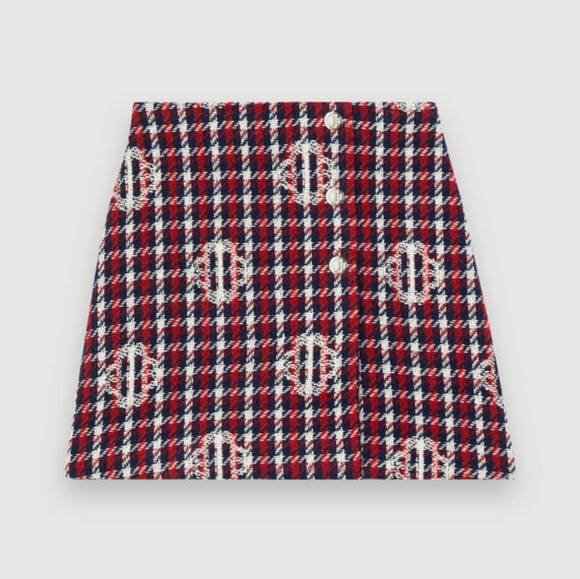 BNWT MAJE Checked Clover Jacquard Skirt Navy/Red - Picture 2 of 5